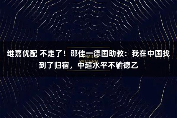 维嘉优配 不走了！邵佳一德国助教：我在中国找到了归宿，中超水平不输德乙